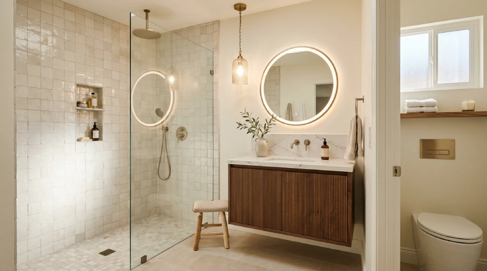 Compact guest bathroom remodel by Papaya Construction Group in Orange County, CA — refined guest bath featuring a single floating walnut vanity with fluted reeded front panels, honed quartz countertop, brushed nickel wall-mounted widespread faucet, round backlit LED mirror with designer pendant lighting, curbless walk-in shower with handcrafted Zellige-style textured tile, champagne bronze rainfall showerhead, built-in tile niche, comfort-height toilet in a separate alcove with brushed brass flush plate, and warm porcelain tile flooring, illustrating the 2026 Orange County guest bathroom design direction for smaller-scale renovations.