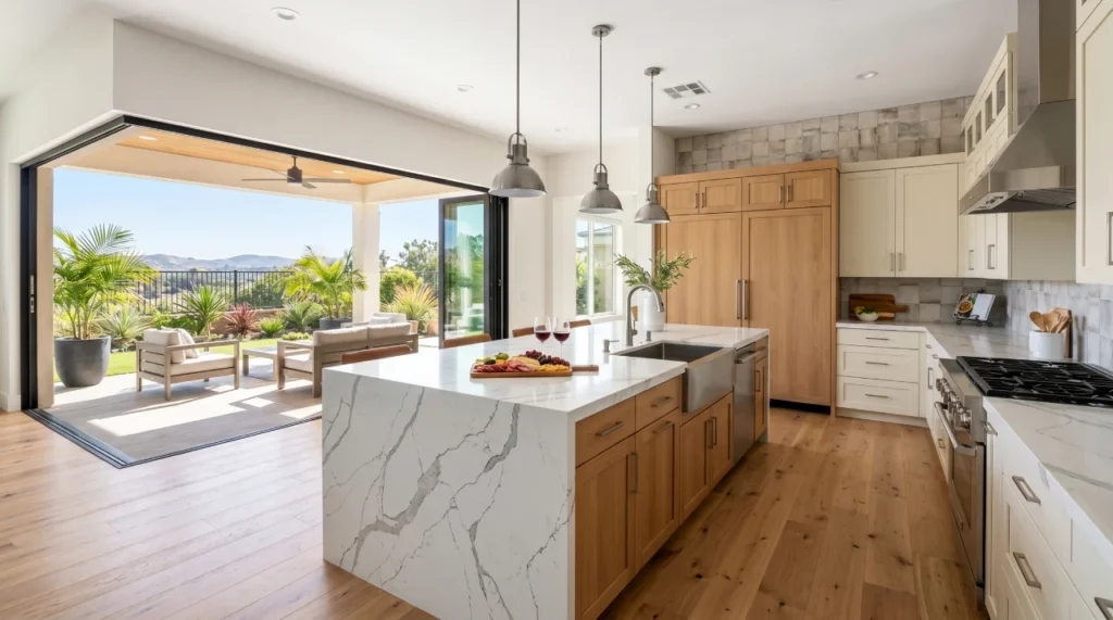 A luxury kitchen remodeling project in Orange County, CA featuring a large quartz island, custom cabinetry, and folding glass doors opening to a sunny outdoor patio, showcasing seamless indoor-outdoor design by Papaya Construction Group.