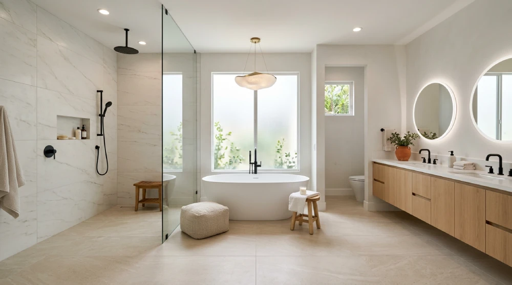 Luxury primary suite bathroom remodel by Papaya Construction Group in Orange County, CA — spacious modern primary bathroom with a curbless walk-in shower clad in floor-to-ceiling marble-look porcelain tile and frameless glass, a freestanding matte white soaking tub centered beneath a frosted privacy window, a wall-mounted matte black tub filler, a long light oak floating double-sink vanity with white quartz countertop and twin round backlit LED mirrors, matte black widespread faucets, a separate water closet alcove, and large-format porcelain tile flooring throughout, illustrating the scale and craftsmanship of a full primary bathroom renovation.