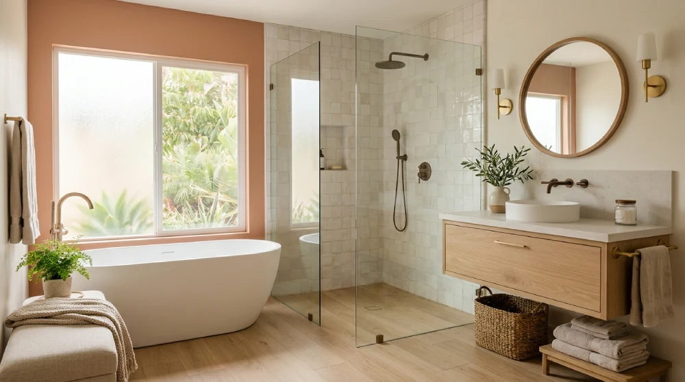 Luxury wellness bathroom remodel by Papaya Construction Group in Orange County, CA — current 2026 spa-inspired primary suite featuring a sculptural freestanding soaking tub with champagne bronze floor-mounted tub filler, honed natural stone feature wall with sweeping veining, walnut floating vanity with fluted reeded front panels and honed quartzite countertop, continuous backlit integrated mirror, brushed brass towel warmer, curbless walk-in shower with champagne bronze rainfall fixtures, muted sage green accent wall, and large-format honed limestone-look porcelain flooring, illustrating the 2026 Orange County wellness-inspired design direction sought by luxury primary bathroom renovations.