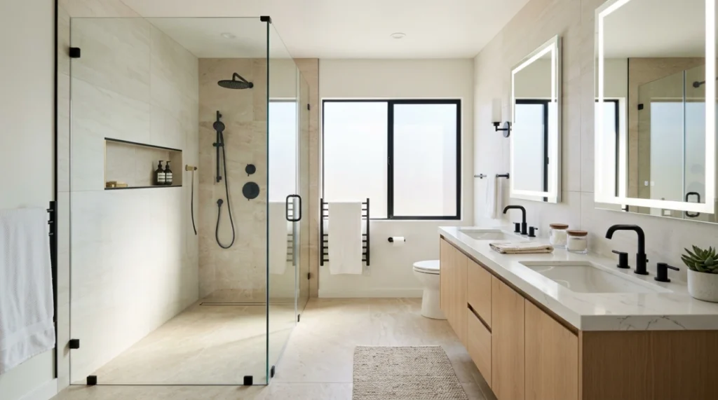 Modern bathroom remodel by Papaya Construction Group in Orange County, CA featuring a curbless walk-in shower with frameless glass enclosure, large-format porcelain tile, matte black fixtures, recessed niche, and a floating double-sink oak vanity with quartz countertop.