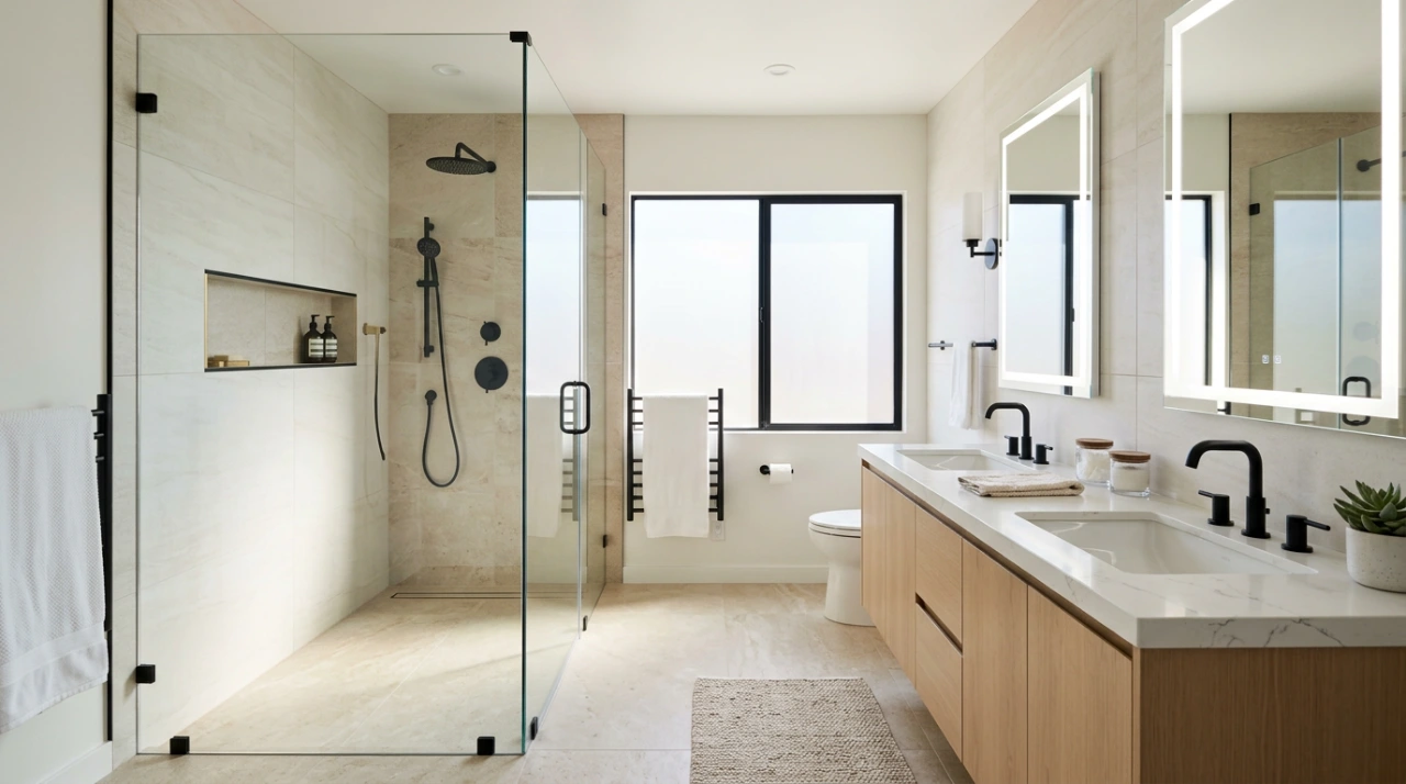 Modern bathroom remodel by Papaya Construction Group in Orange County, CA featuring a curbless walk-in shower with frameless glass enclosure, large-format porcelain tile, matte black fixtures, recessed niche, and a floating double-sink oak vanity with quartz countertop.