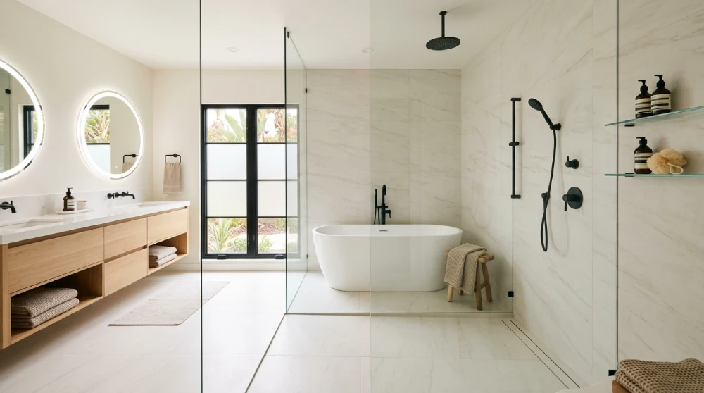 Open-concept wet-room bathroom remodel by Papaya Construction Group in Orange County, CA — modern primary bath featuring a freestanding soaking tub positioned within a fully enclosed wet room with curbless walk-in shower, continuous large-format veined porcelain tile flooring, matte black ceiling-mounted rainfall showerhead, light oak floating double-sink vanity with open shelf storage, dual round backlit LED mirrors, linear drain, and black-framed privacy window, illustrating the 2026 Orange County wet-room design direction.