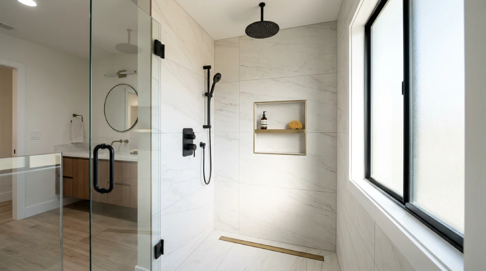 Shower remodeling upgrades by Papaya Construction Group in Orange County, CA — frameless glass enclosure with matte black hardware, large-format porcelain tile walls, fixed rainfall showerhead, brushed brass handheld wand, matte black thermostatic mixing valve, recessed niche with brass shelf, and linear drain showcasing premium shower finish options.