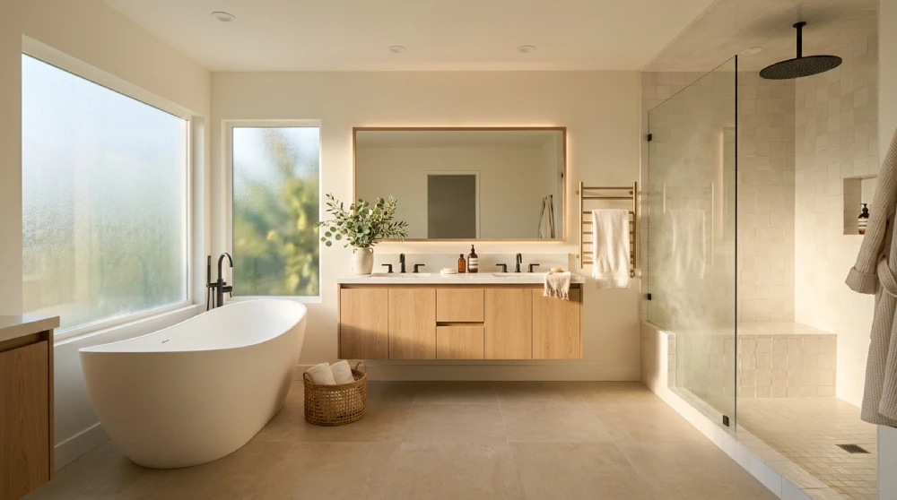 Spa-inspired bathroom remodel by Papaya Construction Group in Orange County, CA — completed wellness retreat featuring a freestanding sculptural matte white soaking tub, a curbless walk-in shower with ceiling-mounted matte black rainfall showerhead and built-in tile bench, floor-to-ceiling textured porcelain tile, a light oak floating vanity with white quartz countertop and matte black widespread faucets, an integrated backlit mirror, a brushed brass towel warmer with folded spa towel, fresh olive branches on the countertop, a woven rattan basket, and large-format warm porcelain tile flooring, illustrating the 2026 wellness-inspired bathroom design direction Orange County homeowners are choosing in primary suite renovations.