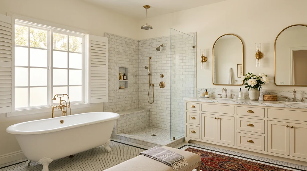 Transitional-style bathroom remodel by Papaya Construction Group in Orange County, CA — refined classic-meets-modern primary bath featuring a freestanding clawfoot soaking tub with floor-mounted unlacquered brass tub filler and traditional cross-handle controls, walk-in shower with classic marble subway tile in running bond pattern and a built-in marble bench, painted Shaker-style furniture vanity in warm cream with unlacquered brass cup pulls, Calacatta marble countertop, twin arched mirrors with brushed brass frames and integrated sconce lighting, plantation shutters, and penny tile flooring with a border detail, illustrating the 2026 Orange County transitional design direction for renovations in historic and traditional homes.