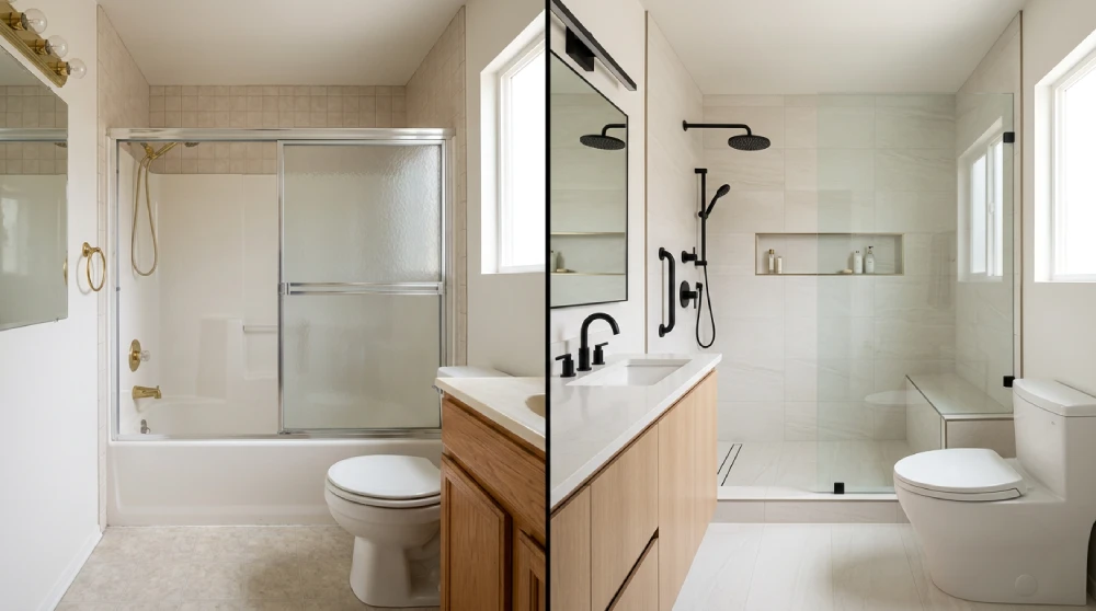 ADA-compliant tub-to-shower conversion by Papaya Construction Group in Orange County, CA — curbless walk-in shower with frameless glass enclosure, built-in tile bench seat, brushed brass grab bar, matte black fixtures, recessed niche, and slip-resistant porcelain tile flooring designed for aging-in-place and barrier-free accessibility.