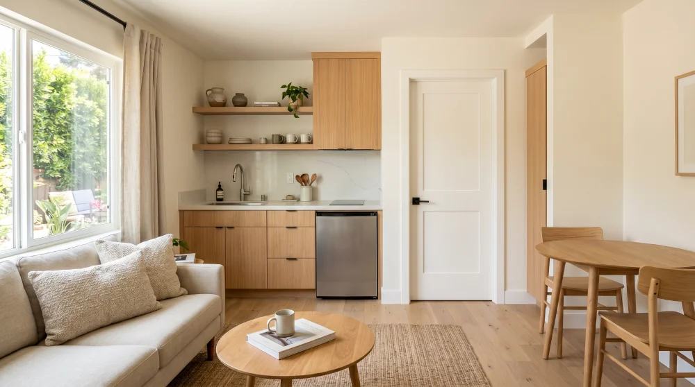 Junior ADU interior with a private bathroom, relevant to California's AB 1154 owner-occupancy rule