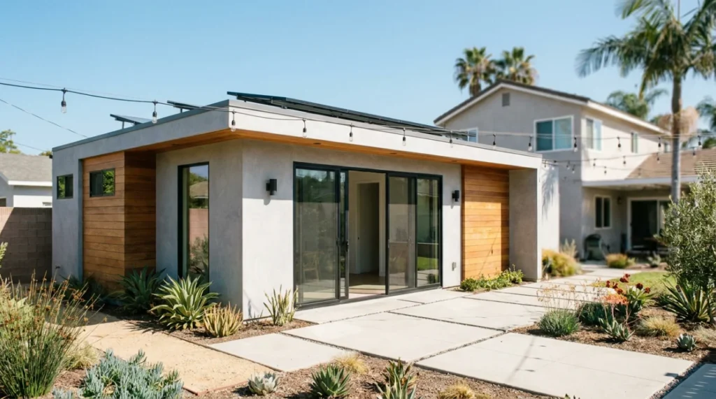 Modern detached ADU in an Orange County backyard with stucco and wood siding