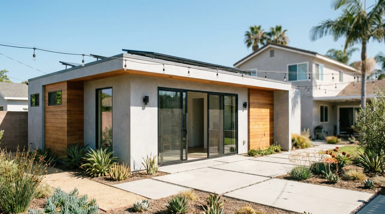 Modern detached ADU in an Orange County backyard with stucco and wood siding