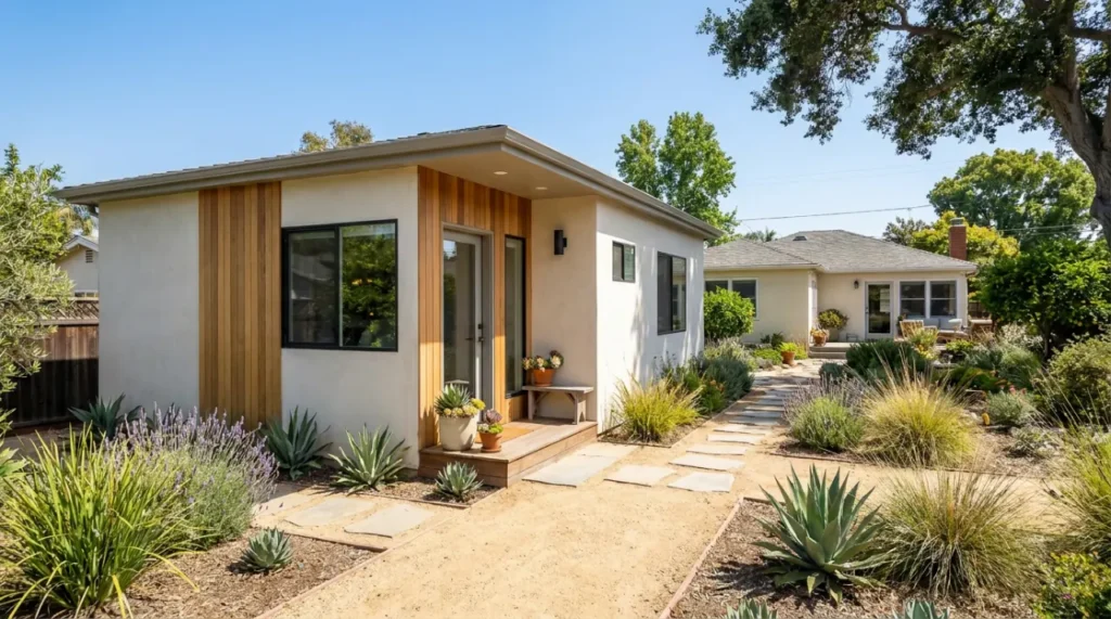 Modern detached ADU with a private entrance in an Orange County backyard, set up as a rental