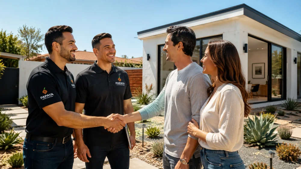 Papaya Construction Group team with homeowners in front of a completed Orange County ADU
