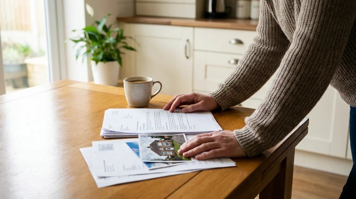 Orange County homeowner reviewing fire-zone homeowners insurance renewal documents at a kitchen table