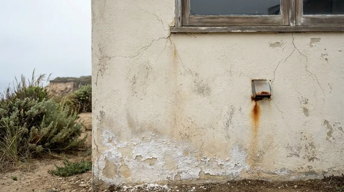 Coastal Orange County home with stucco exterior showing efflorescence and hairline cracks from salt-air exposure