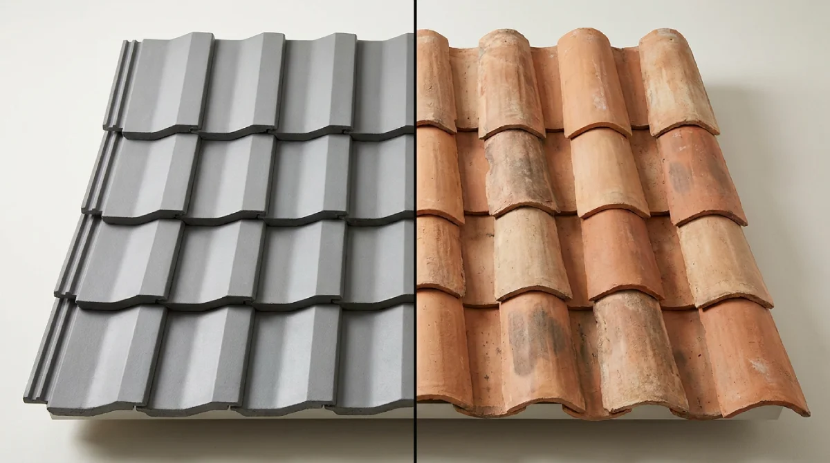 Side-by-side comparison of concrete S-tile and clay barrel tile profiles common on Orange County homes