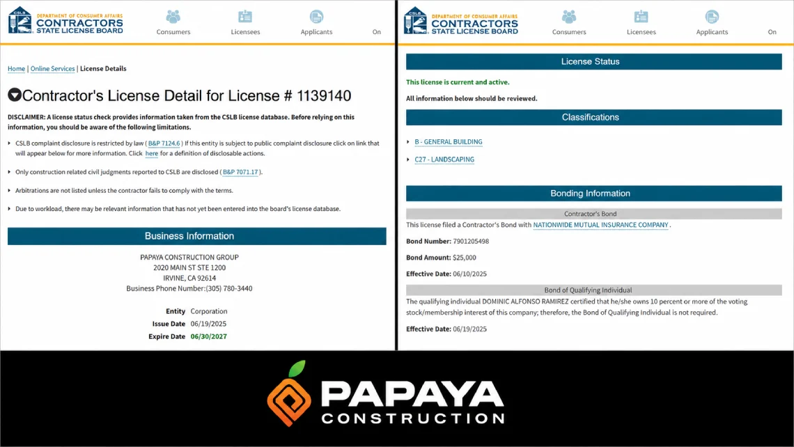 California CSLB license verification result for Papaya Construction Group license number 1139140 showing active B classification
