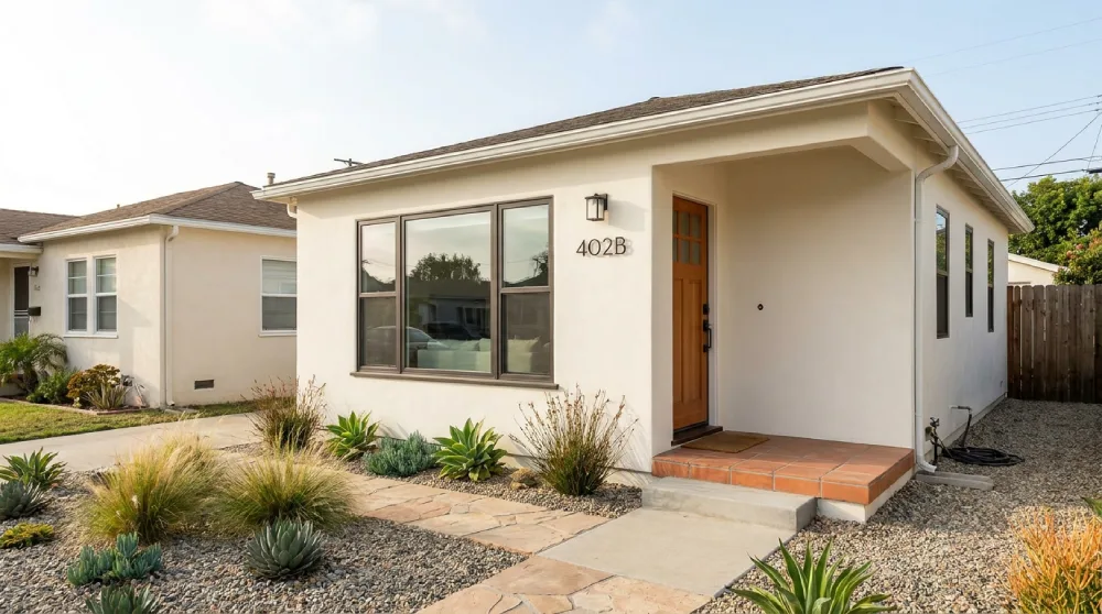 Garage conversion ADU in Orange County with a stucco facade, separate front entrance, and window where the garage door was