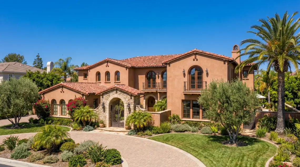 Spanish Mediterranean style stucco home in inland Orange County with tile roof and arched details