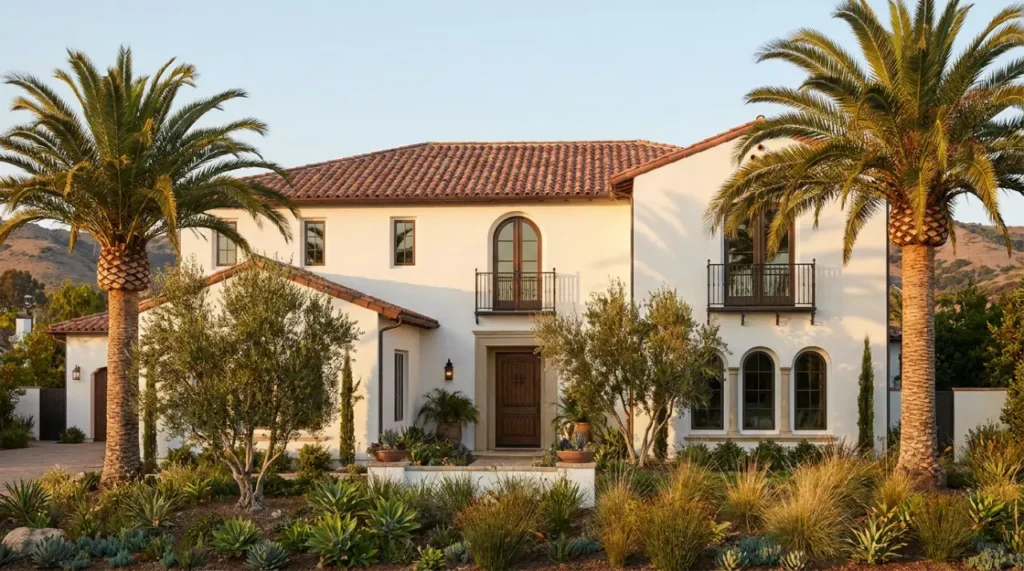 Mediterranean-style Orange County home with terracotta concrete tile roof and white stucco exterior at golden hour