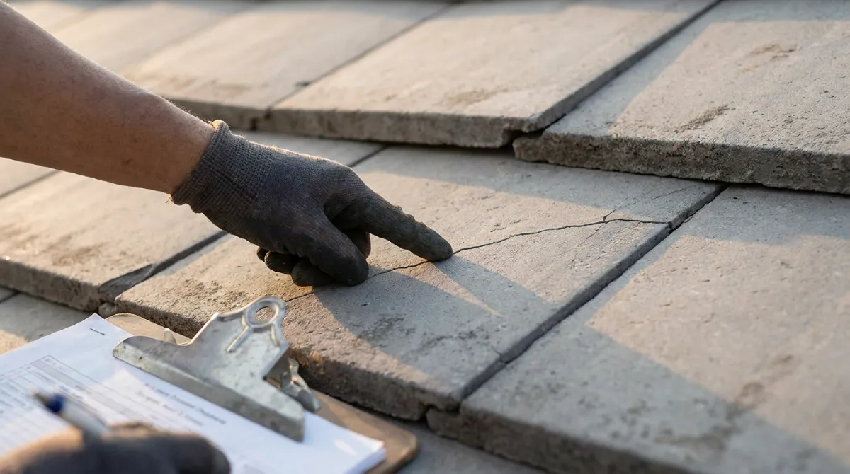 Roof inspector documenting cracked and slipped concrete tiles after Santa Ana wind damage on an Orange County home