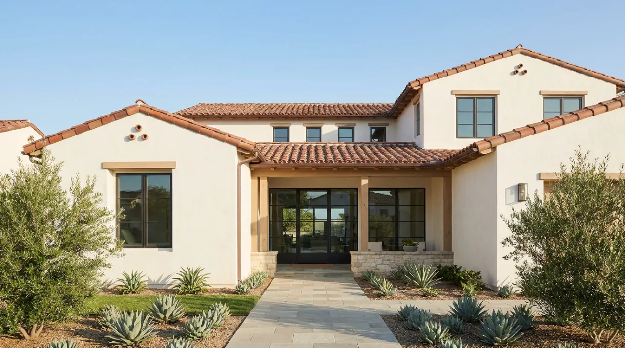 Remodeled Spanish-style home in Orange County with white stucco, clay-tile roof, and a covered entrance