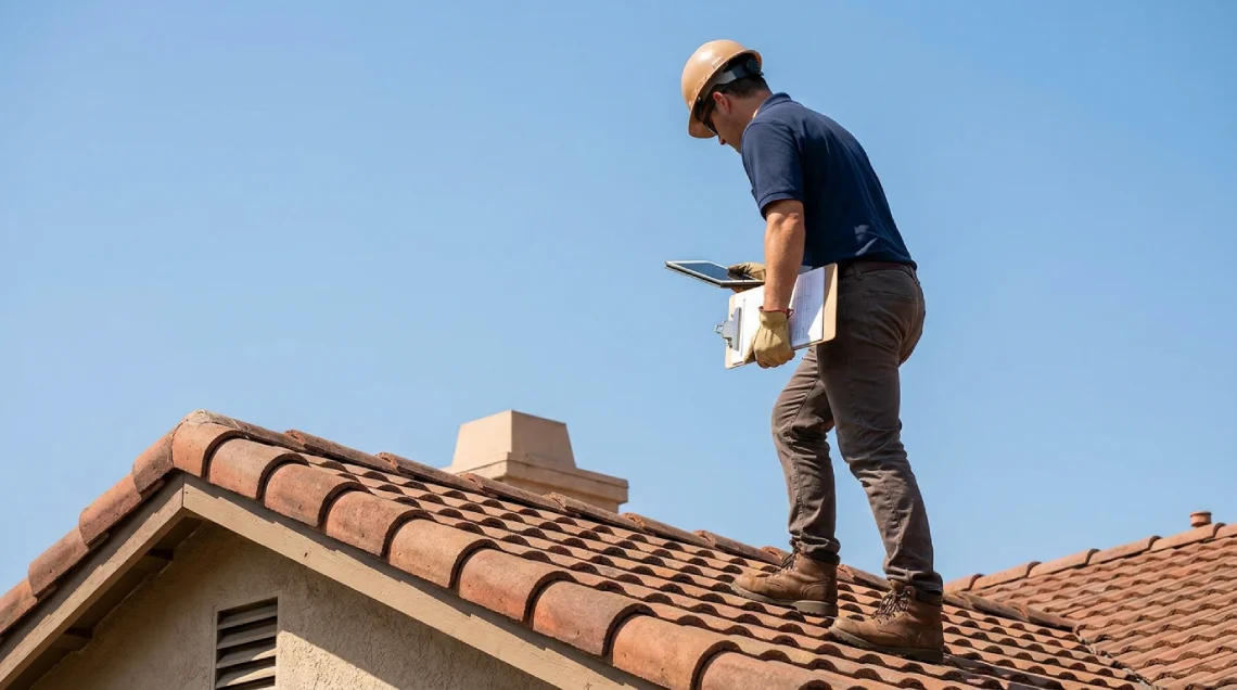 Licensed Papaya Construction contractor inspecting an Orange County roof for Class A compliance and WUI code requirements