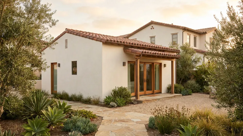 Completed detached ADU in a landscaped Orange County backyard with white stucco, tile roof, and a private covered entrance