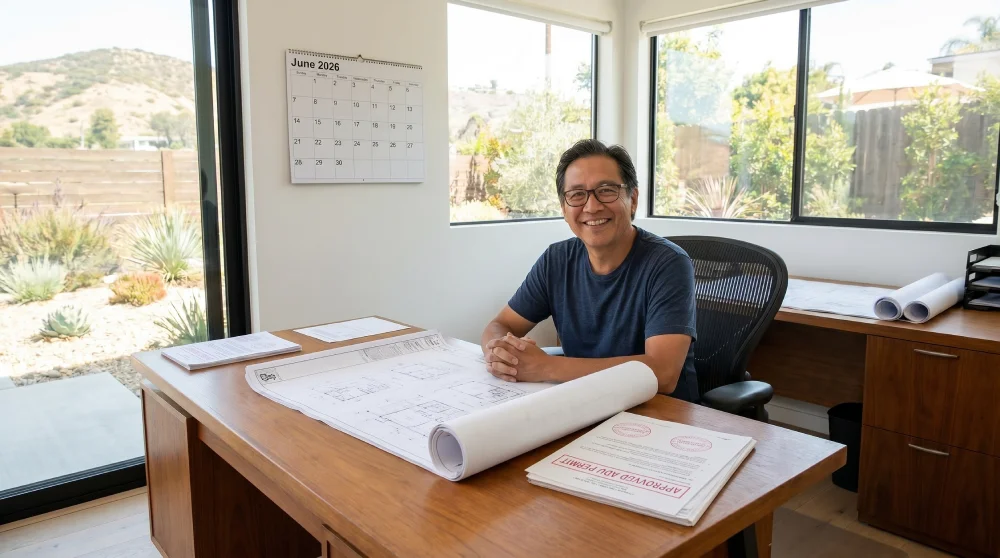 Orange County homeowner with an approved ADU permit and plans under California's 2026 SB 543