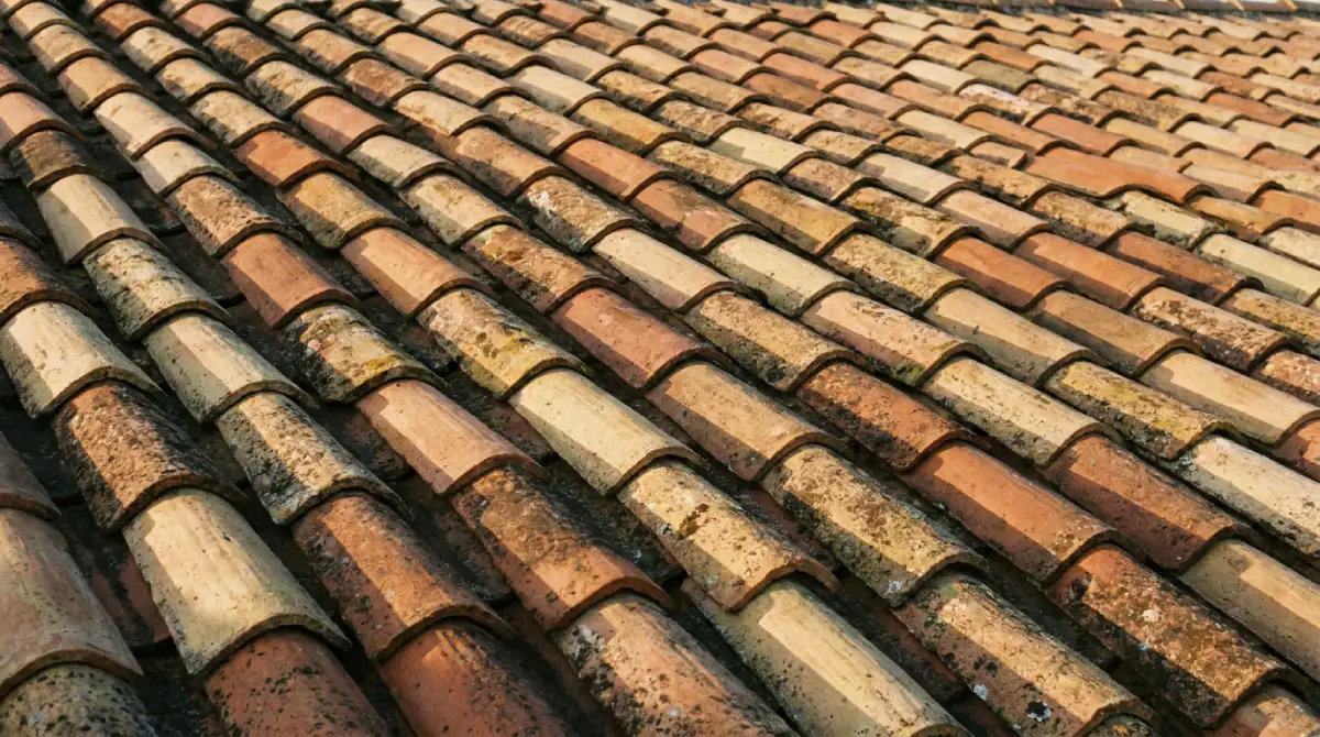 Close-up of Spanish barrel clay tile profile on an Orange County home showing weathered terracotta texture