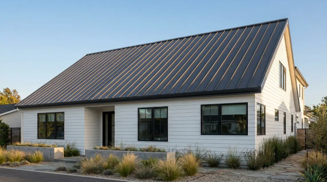 Standing-seam metal Class A roof on a contemporary modern-farmhouse home in Orange County