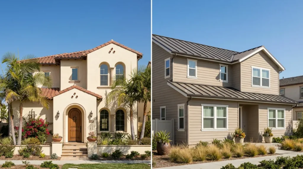 Side-by-side comparison of an Orange County stucco home and a horizontal lap fiber cement siding home