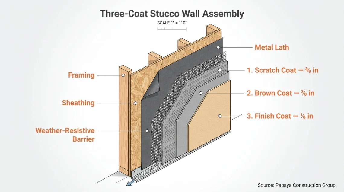 Three-coat stucco wall cross-section showing scratch coat brown coat and finish coat over metal lath and weather-resistive barrier