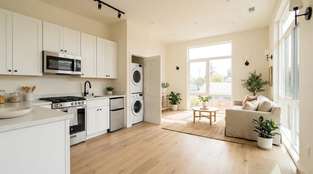 Bright, well-finished ADU interior with a white shaker kitchen, stainless appliances, in-unit laundry, and light oak floors