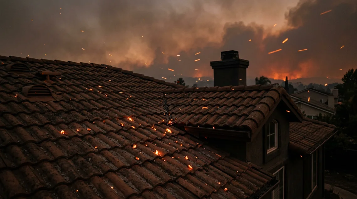 Wind-driven embers landing on a residential roof during a California wildfire event, illustrating ember ignition risk
